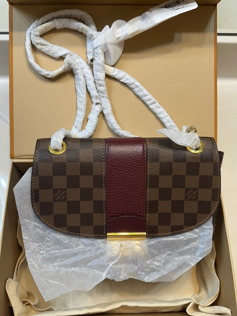 Pre-Owned LV Brown Check & Burgundy Leather Shoulder Bag w/Gold Hardware